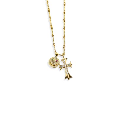 CHROME HEART DIAMOND CROSS PENDANT NECKLACE GOLD SMILING HEART 
